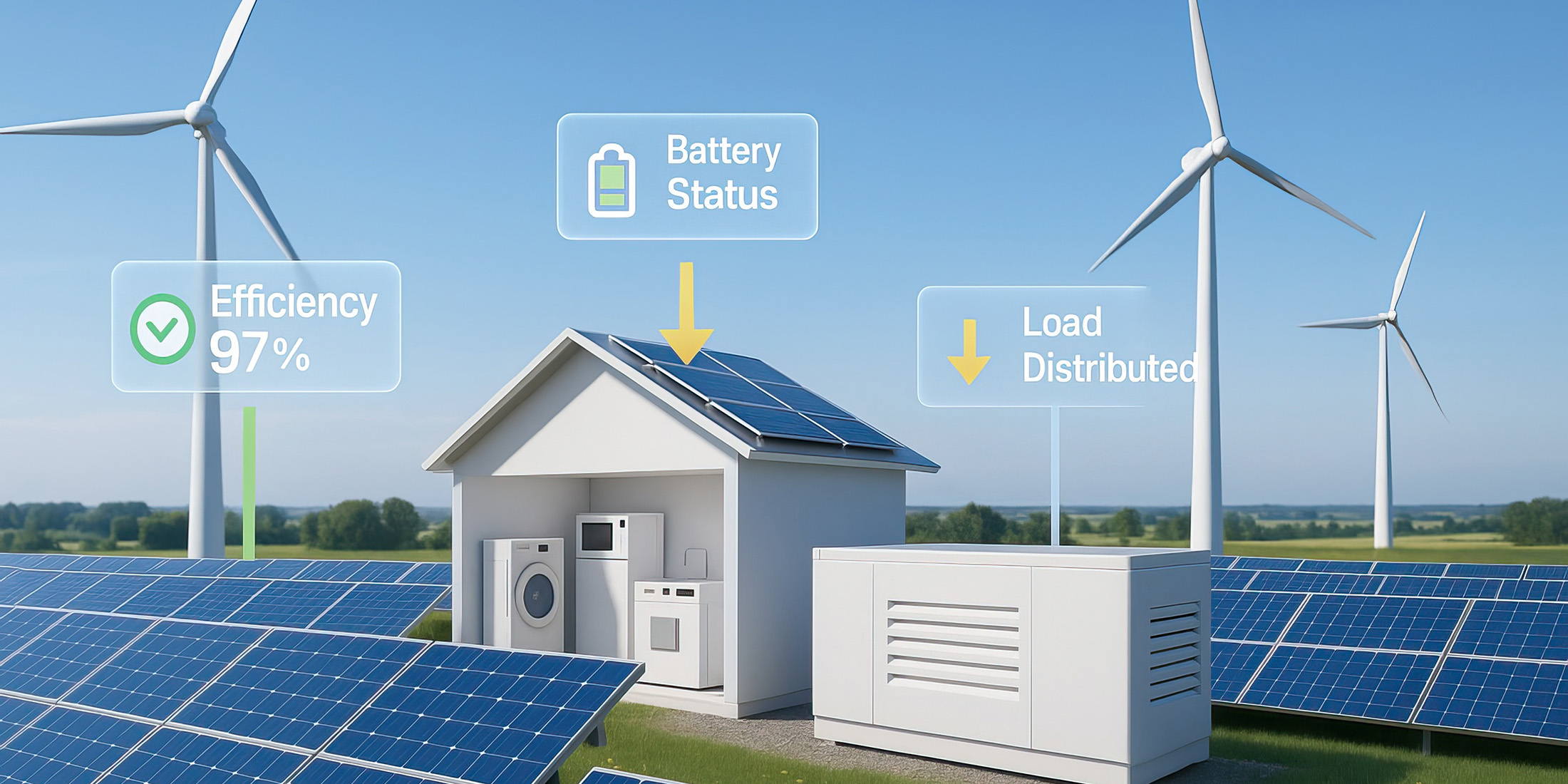 Das Bild zeigt ein großes Solarfeld mit mehreren Reihen von Solarpaneelen, die nach oben geneigt sind. Der Himmel dahinter ist teilweise bewölkt und es sind im Hintergrund einige Bäume zu sehen.