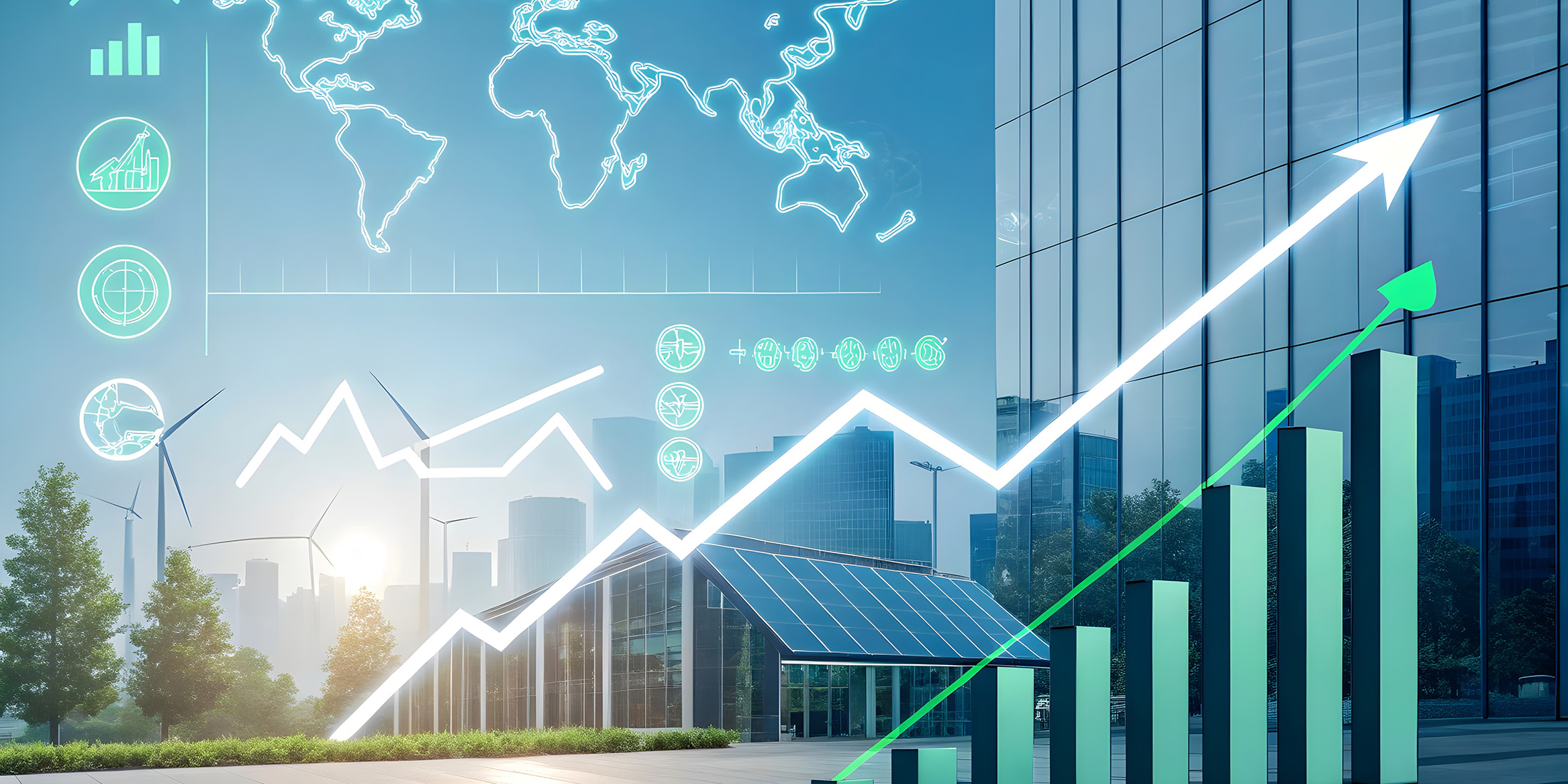 Das Bild zeigt ein großes Solarfeld mit mehreren Reihen von Solarpaneelen, die nach oben geneigt sind. Der Himmel dahinter ist teilweise bewölkt und es sind im Hintergrund einige Bäume zu sehen.